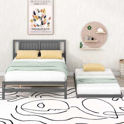 Lit plateforme double avec lit gigogne ajustable en blanc fabriqué en bois de pin et pour stabilité