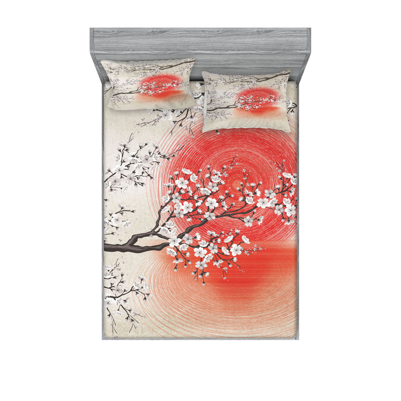 Ensemble de draps et taies décoratives Ambesonne Cherry Blossom, gris, jaune, corail foncé