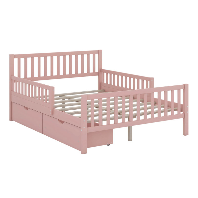 Lit plateforme double en bois avec garde-corps des deux côtés et deux tiroirs de rangement, Rose