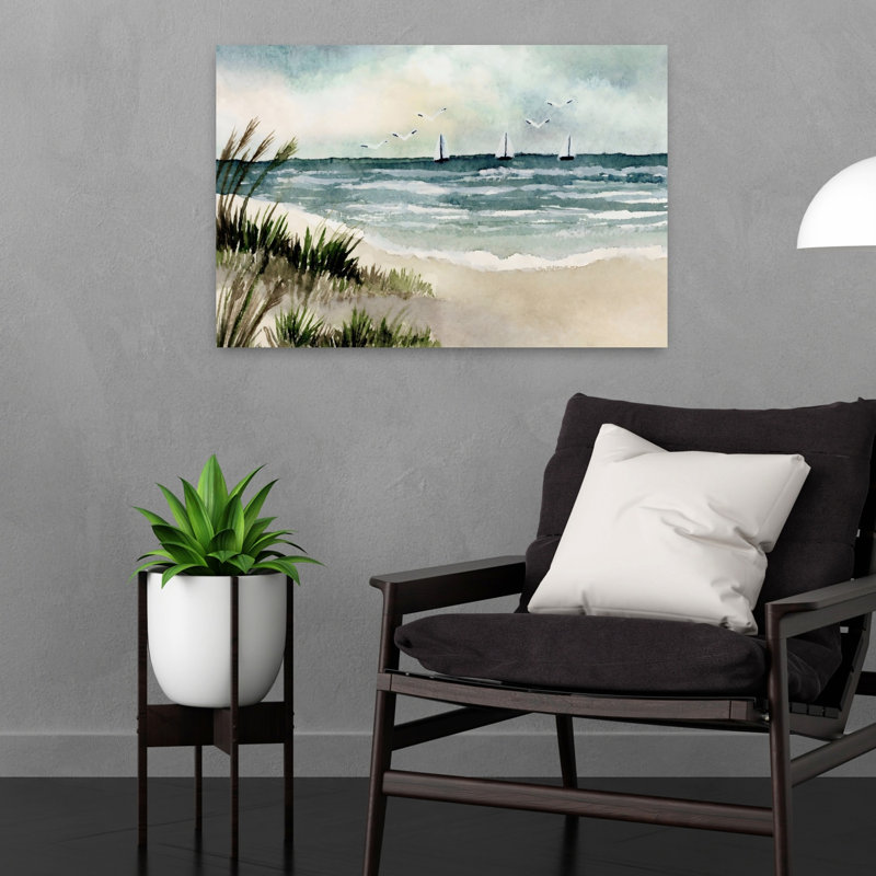 Plage, plage, aquarelle, art mural contemporain, 16" H x 24" W