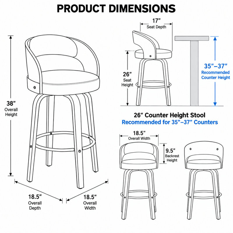 Tabouret de comptoir pivotant moderne de 26 po avec cadre en bois cintré, Brun