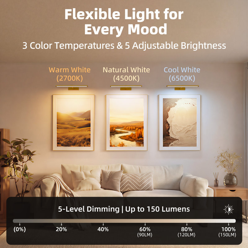 Lampe murale à DEL ZVALO de 40 cm (16 po) rechargeable avec télécommande, 3 températures de couleur, intensité réglable, idéale pour galerie, salon, chambre à coucher, couloir, couleur or, ensemble de 1