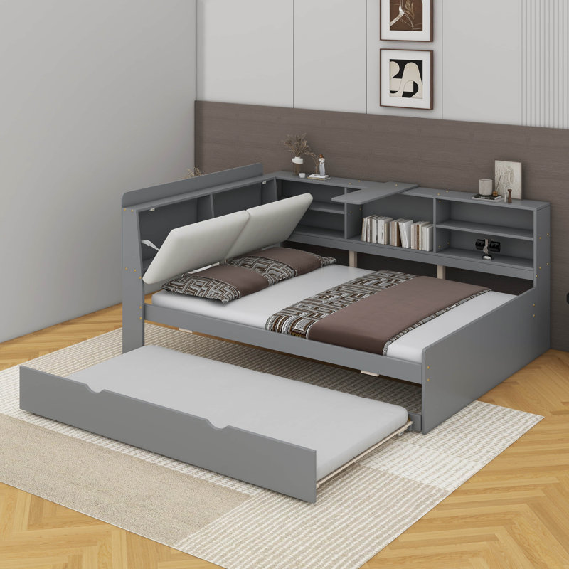 Lit plateforme double avec lit gigogne, tablettes et tête de lit, Gris
