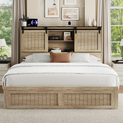 Platform Bed With Barn-Door Headboard, Built-In Lighted Socket & Hidden Storage Space, Rustic Style Wooden Bed Frame For Bedroom by Ophelia & Co.