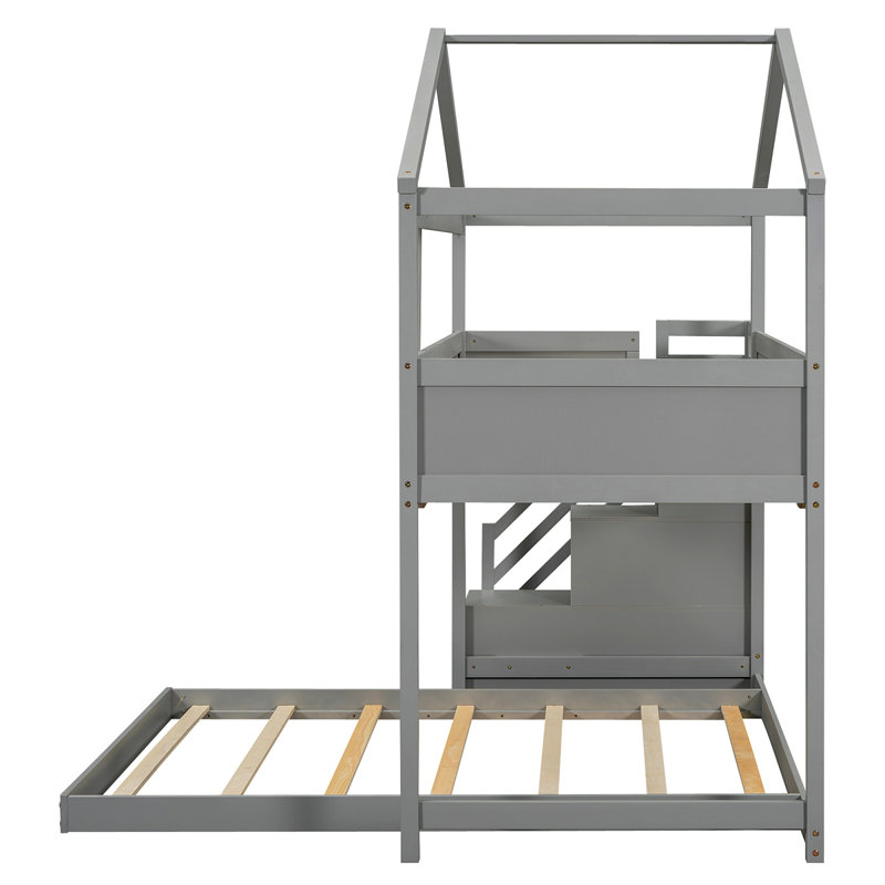 Lit superposé House avec escalier et rangement, Gris