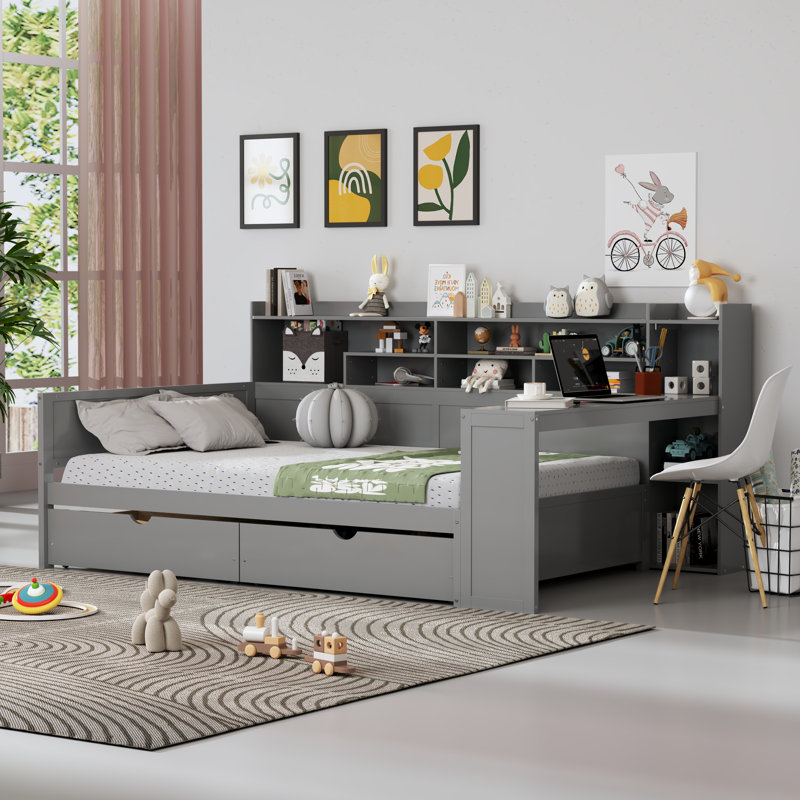 Lit de jour double en bois avec tablettes de rangement, lit multifonctionnel avec deux tiroirs de rangement et bureau d'étude, gris