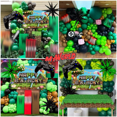 Pixel Game Birthday Party Decor Set For Boys Green Black Balloon Garland Backdrop Tablecloth Star TNT Print Foil Balloons Fringe Curtain Game Theme Birthday Supplies