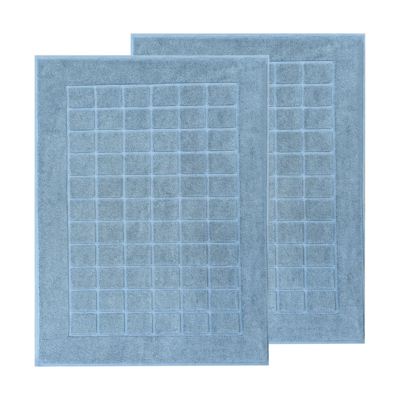 100% Cotton Thick & Absorbent Reversible Checkered Bath Mats - Set Of 2, Denim Blue