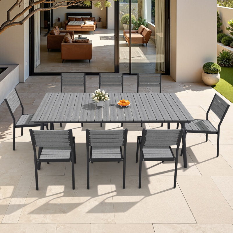 8-Person Aluminum Outdoor Dining Set With Umbrella Hole And Stackable Chairs, Gray
