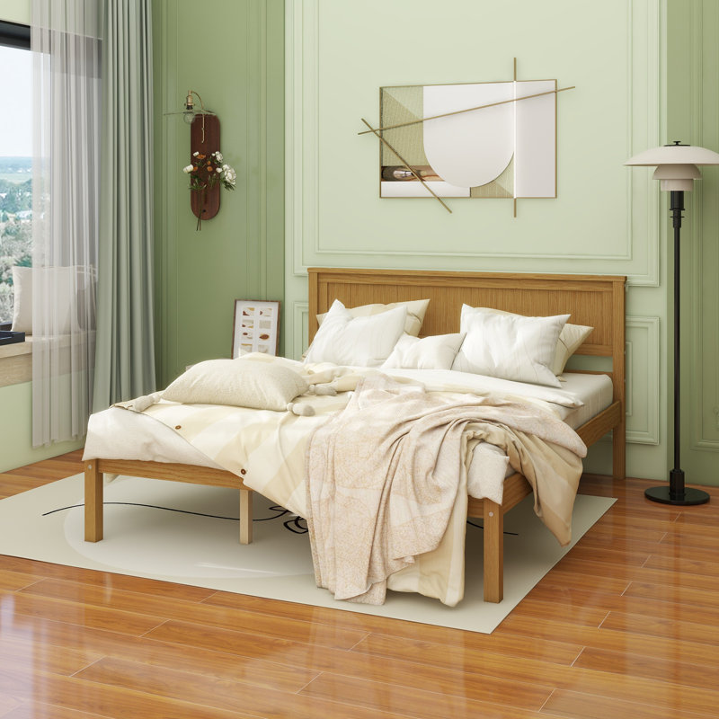 Base de lit plateforme avec tête de lit, support à lattes de bois, aucun sommier requis, grand lit, Oka, Grand, Chêne