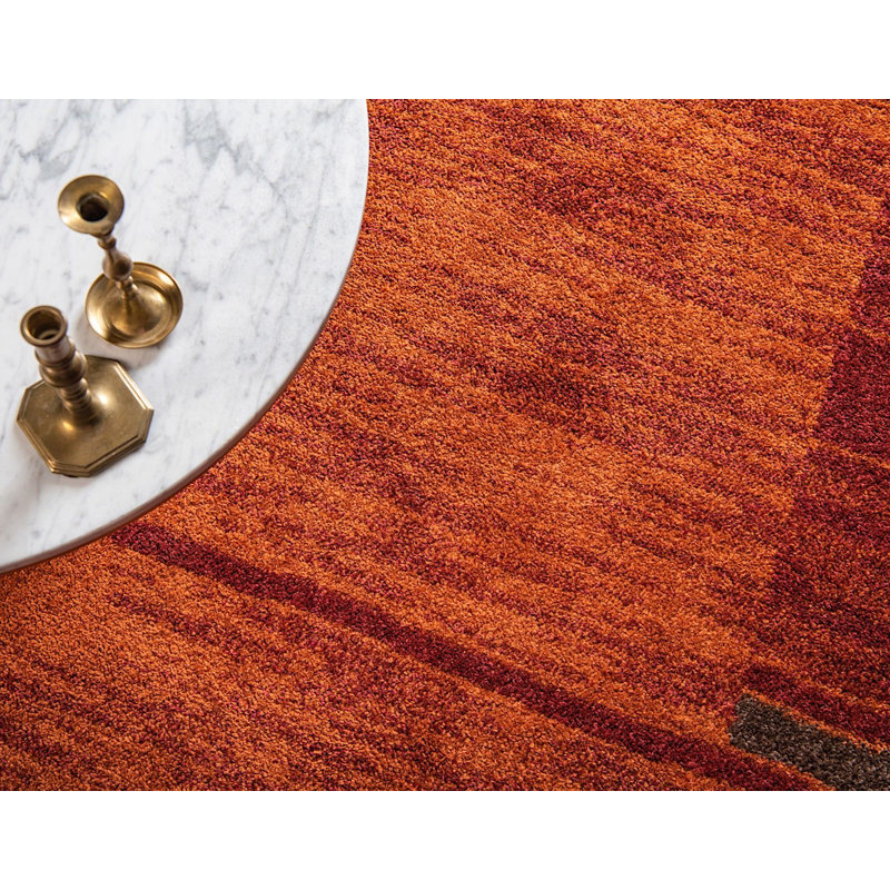 Tapis à motif géométrique rouge / orange Harvest, Rond 3 pi 3 po