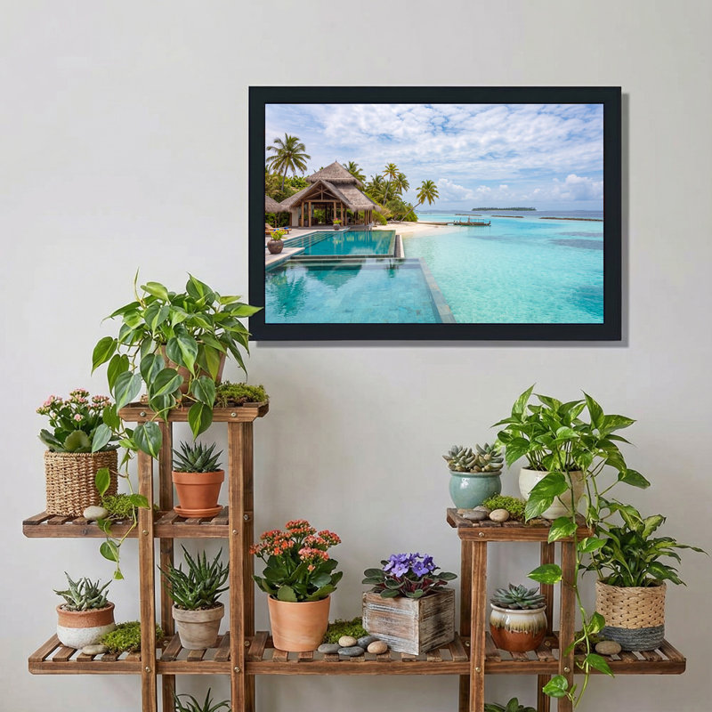 Toile tropicale avec toit de chaume et toile turquoise, 12"H x 18"W