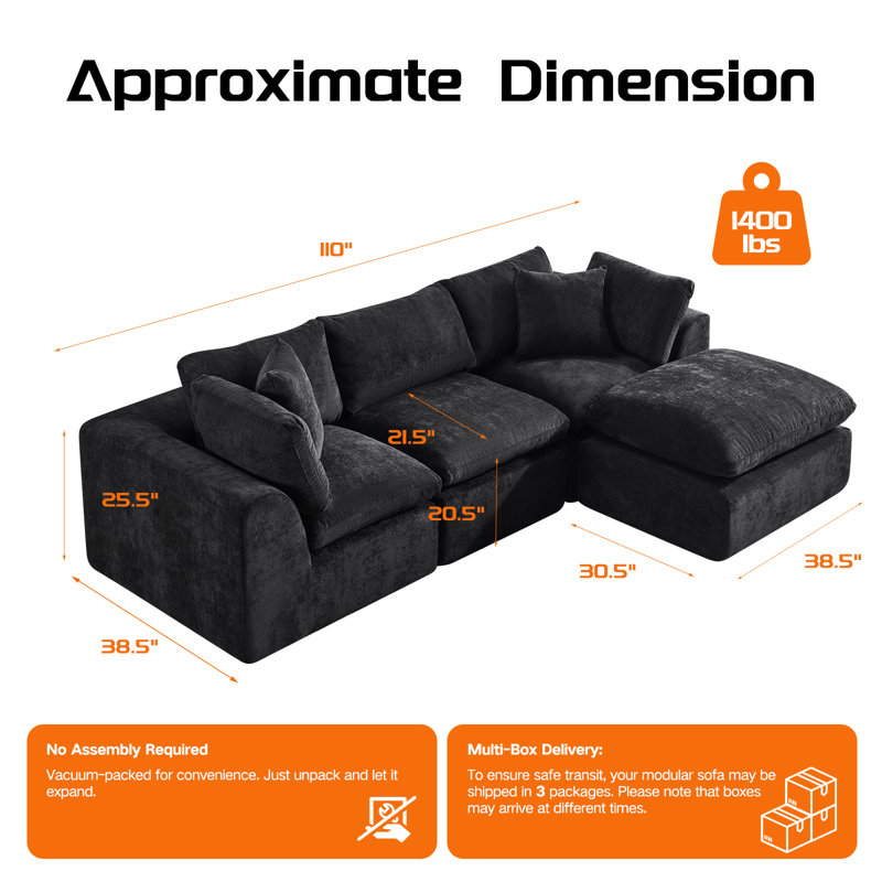 Boneless Balliet Upholstered Boneless Sofa Sectional, L-shape ( 3-seater ), Black Chenille