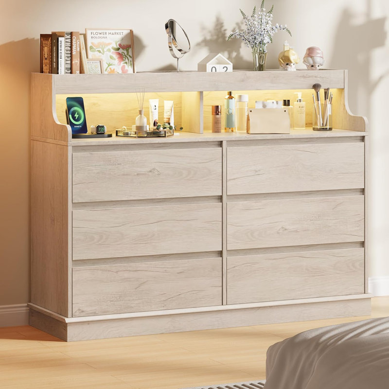 6 Drawer Dresser, LED Lights, Charging Station, Wooden Storage for Bedroom