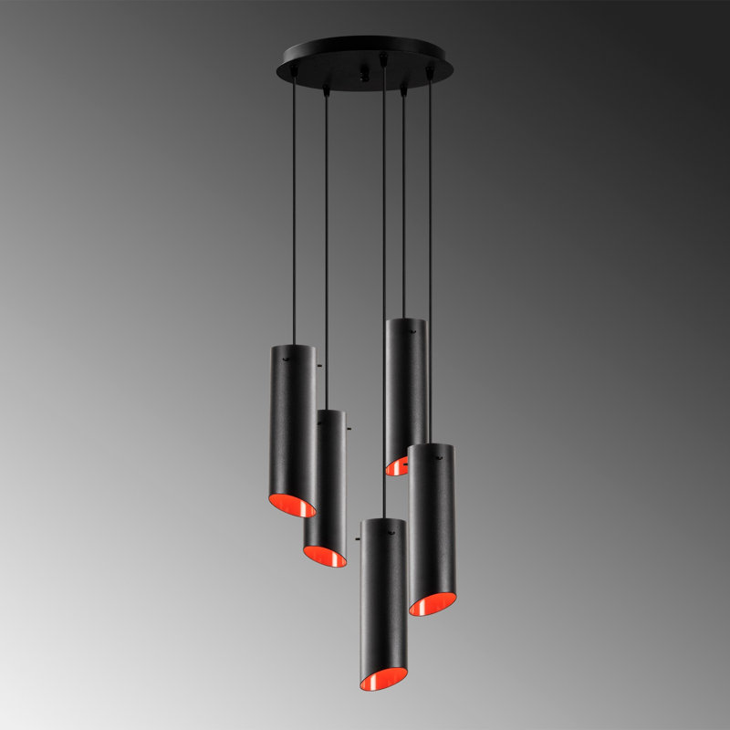 Luminaire suspendu cylindrique 5 lumières Aidie, Noir / rouge