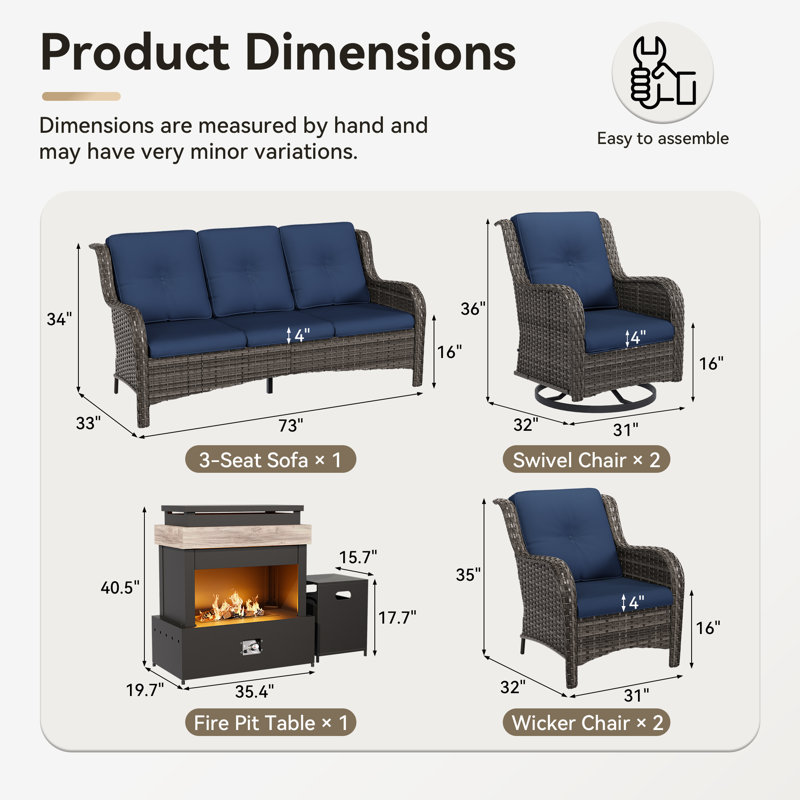Ensemble de conversation en rotin pour 7 personnes avec foyer 5000 BTU, 4 chaises et coussins bleus, Bleu