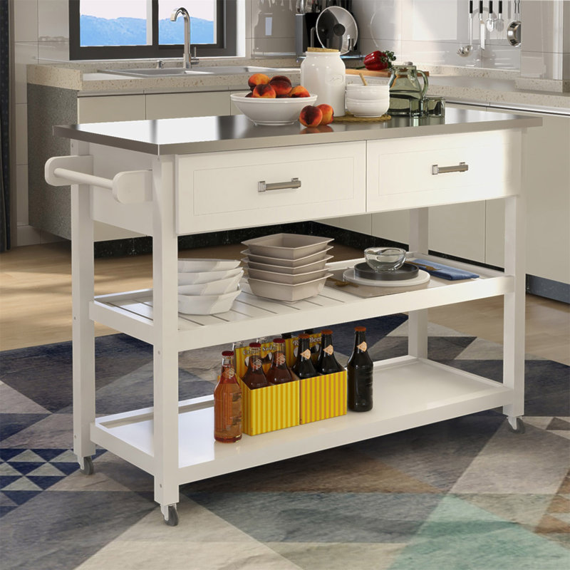 Chariot Kicthen blanc avec deux tiroirs et plateau en acier inoxydable