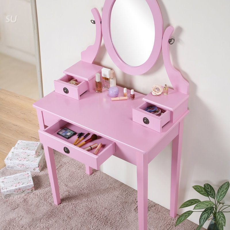 Ensemble coiffeuse et tabouret de maquillage Landisburg, Rose