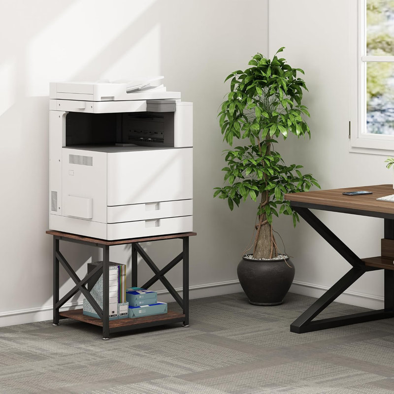 Large Printer Stand, 23.6 X 23.6 X 22.6 Inches Square Printer Table With Storage Shelf, 2 Tier Rolling Printer Cart With Industrial Wheels For Home Office - Rustic Brown