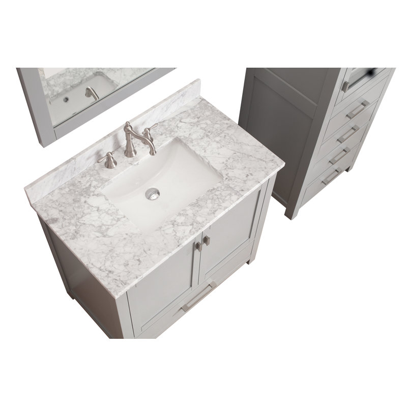 Modero 36" Single Bathroom Vanity with Top, Carrera White Marble, Chilled Gray, Brushed Nickel