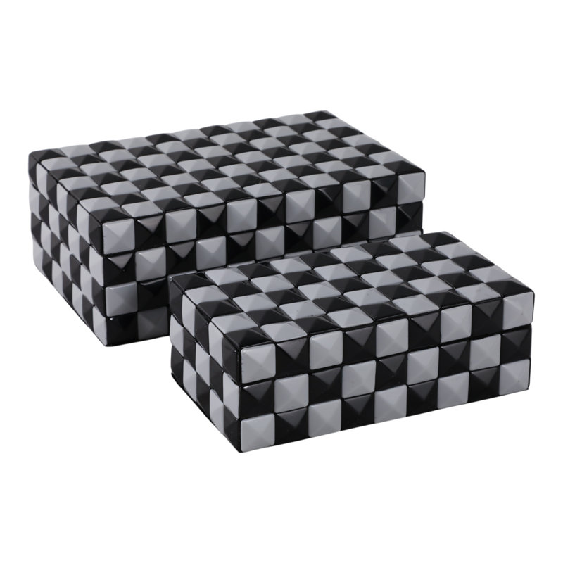 Latiara - Boîtes de rangement en résine et tissu de bois à texture pyramidale, damier, bureau à domicile, ensemble de 2 - 5 ", 4" noir et blanc
