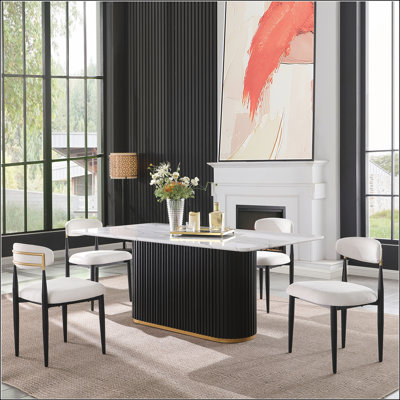 69 Inch Rectangular Faux Marble Dining Table with Black Wave Metal Base and Gold Trim, Seats 4 for Elegant Dining and Reception Areas