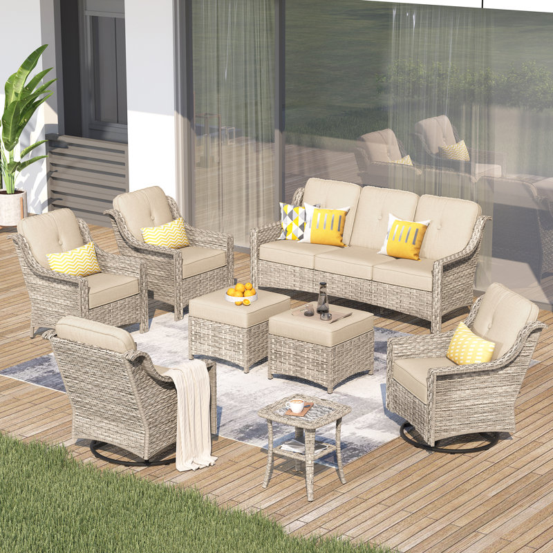 7 - Person Wicker Outdoor Conversation Set, Patio Sofa & Swivel Chair Set with Cushions, Beige
