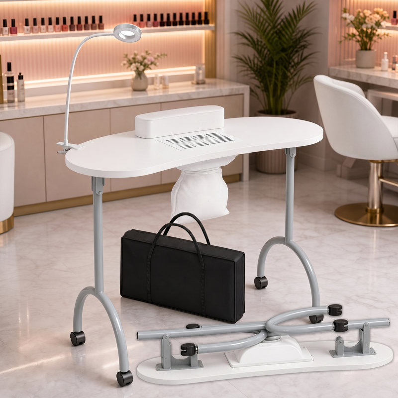 Table de manucure pliante portable avec lampe à DEL et ventilateur collecteur de poussière - Station mobile tout-en-un Nail Tech pour un usage domestique et professionnel, 4 roues verrouillables, coussin de poignet et sac de transport, rose / blanc / no