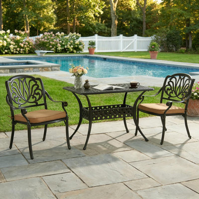  3 Piece Patio Bistro Set With Cushions, Cast Aluminum Outdoor Bistro Table And Chairs Set Of 2, All Weather Bistro Table Set For Balcony Poolside Deck Garden & Indoor Use, Dark Bronze