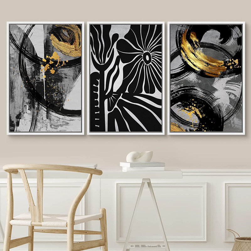 «Tropical Flower Mid-Century Collage Abstract Shapes Illustration», ensemble de 3 impressions sur toile, Blanc
