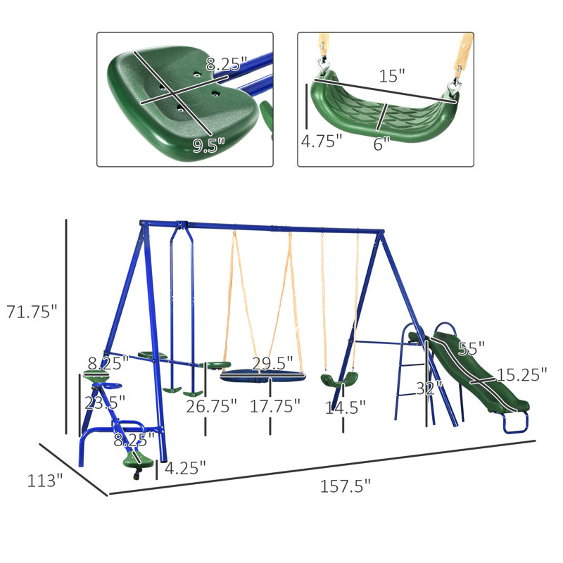 Balançoire d'extérieur robuste de 616 lb - 5 en 1 avec glissade, balançoire à bascule, balançoire à disque, fauteuil oscillant, siège, capacité d'impression bleue pour la structure en acier de la cour arrière