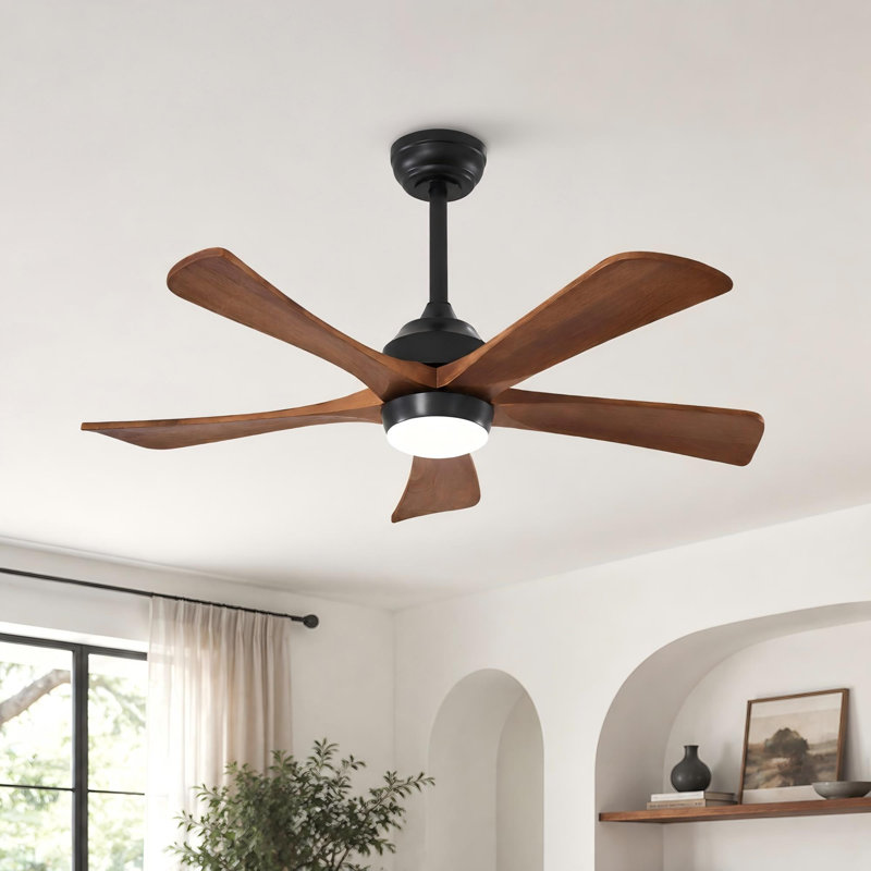 Ventilateur de plafond moderne à 5 pales de 42 po avec lumière, Noir mat, 42 po de largeur, Bois naturel