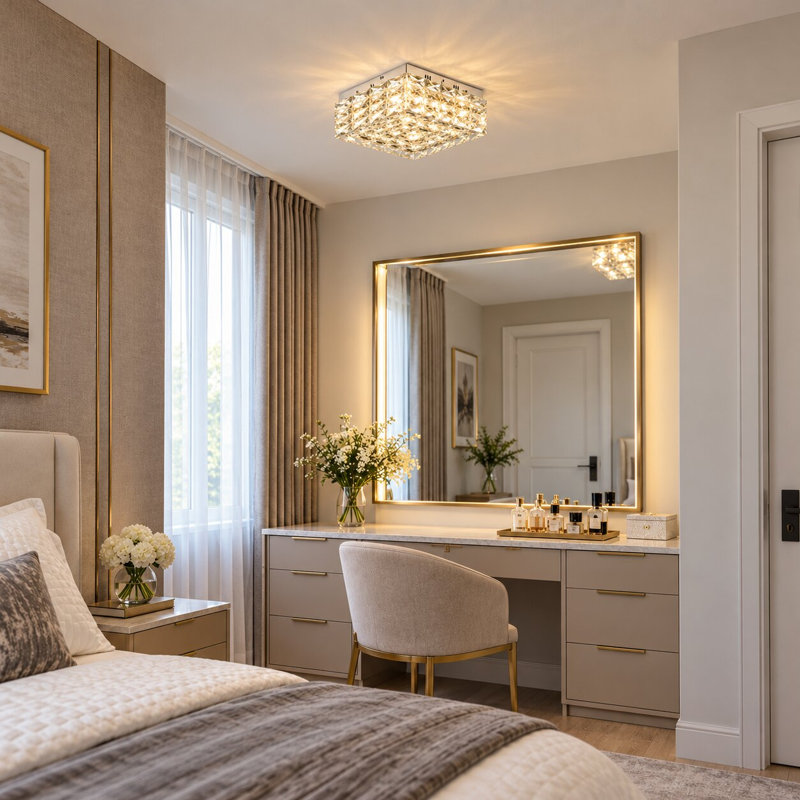 Transitional Chrome LED Square Crystal Flush Mount