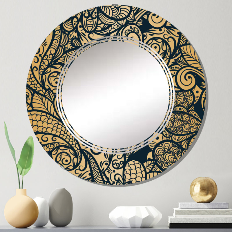 Miroir mural rond jaune à motif cachemire jaune, 24 po x 24 po