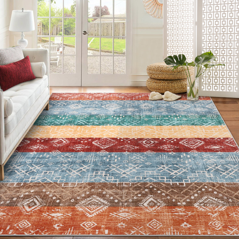 Boho Machine Washable Rug for Living Room Modern Non-Slip Rug for Bedroom Stain-Resistant Low Pile Rugs for Dining Room