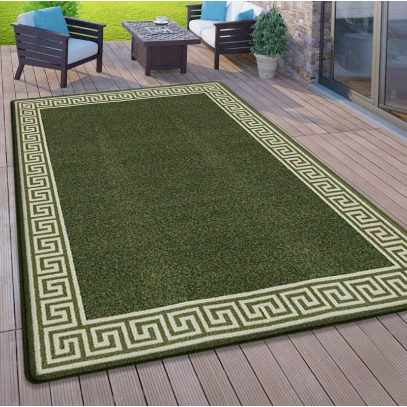 Plain Rug with Greek key Bordered Gel backed Rug Amyiah Green/Cream Rug, Rectangle 160 x 230cm