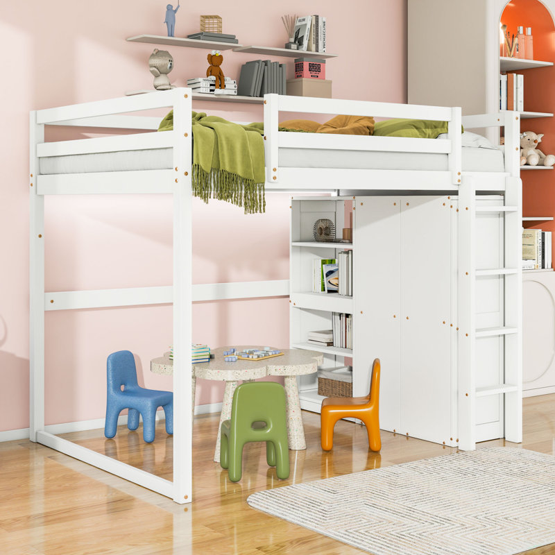 Lit mezzanine double en bois avec garde-robe intégré et tablettes et lumière DEL, Blanc