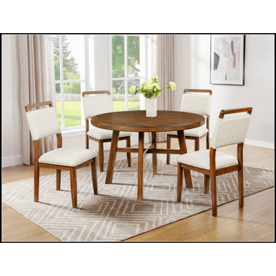Contemporary Five Piece Round Wooden Dining Set With High Back Plush Upholstered Chairs For Elegant Meals