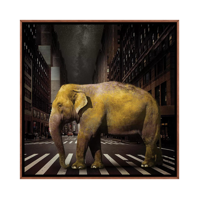 Elephant in NYC 1 Piece Wall Art on Canvas, 93.98 cm H x 93.98 cm W, Classic Brown Wood Framed