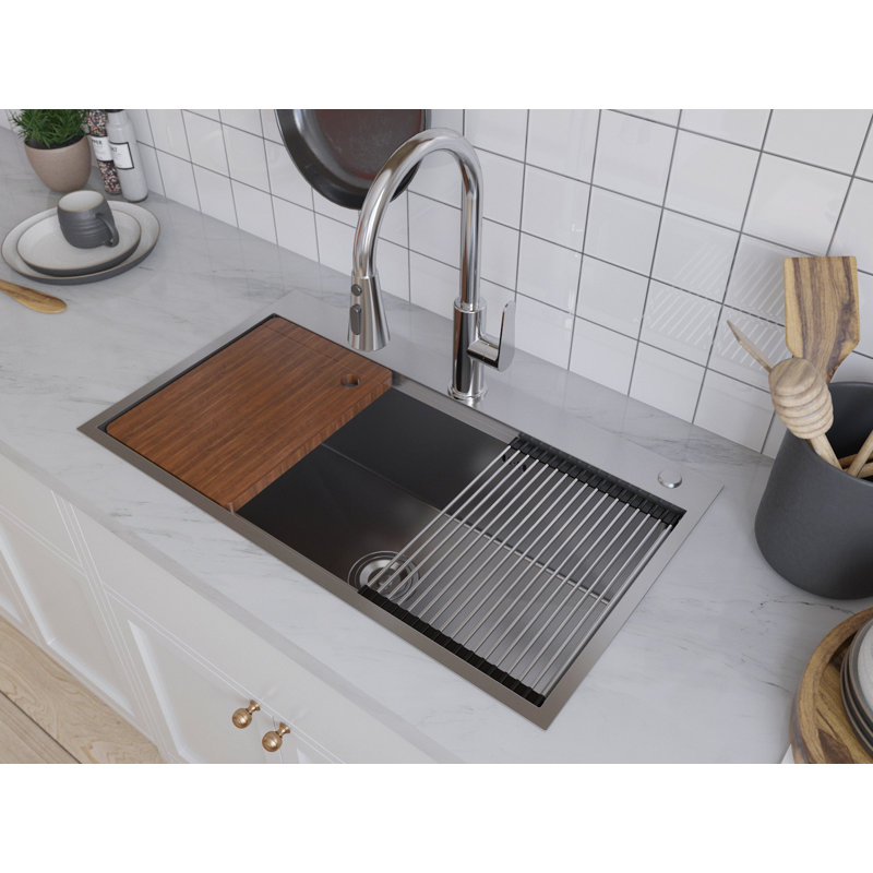 31.5 Inch Drop-in Stainless Steel Workstation Kitchen Sink, Silver