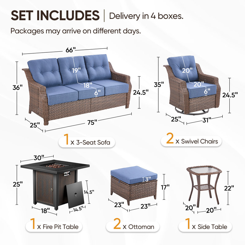 Elona 7-Piece Outdoor Wicker Patio Conversation Set With Square Metal Fire Pit, Swivel Gliders, Ottomans And Side Table For Patio