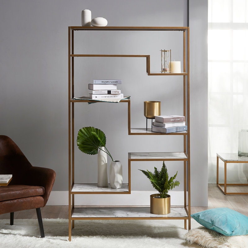 Présentoir moderne à 5 niveaux H 72 po x l 40 po avec surfaces d'aspect marbre et rangement ouvert