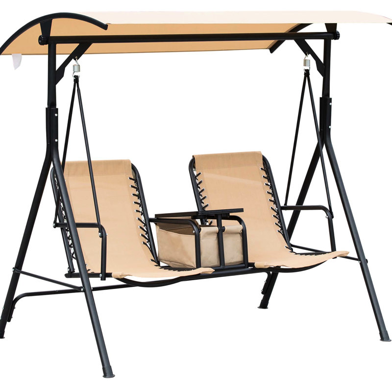 Balancelle de patio pour 2 personnes, auvent avec parasol réglable, table pivotante, porte-gobelet, siège, structure en acier, beige deux, rangement et boisson pour planeur d'extérieur