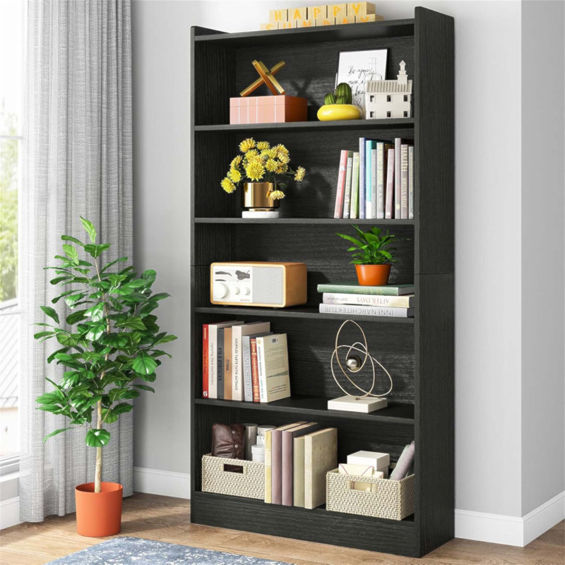 6-Tier Modern Library Bookshelf With Spacious Storage, Perfect For Living Room, Office, And Bedroom Organization, Black