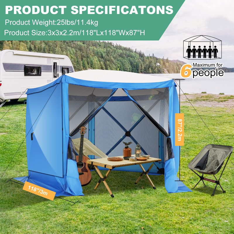 10x10ft Camping Gazebo Screen Tent, 5 Sided Pop-up Canopy Shelter with Mesh Windows, Blue