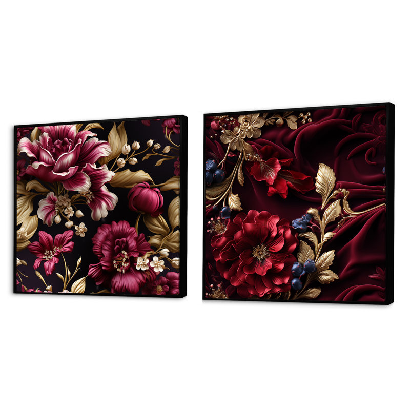Regal bourgogne fleurs majestueux Elegance III - ensemble de 2 collages carrés abstraits, Cadre flottant noir