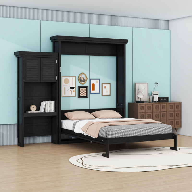 Grand lit escamotable en bois avec conception à persiennes classique et tablettes de rangement, Noir