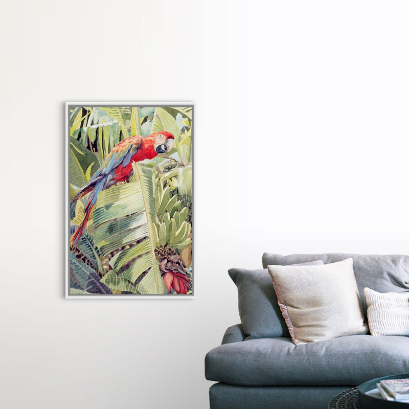 «Jungle Parrot» par Felicity House, reproduction sur toile, H 50 po x l 34 po x P 1,75 po, Cadre blanc