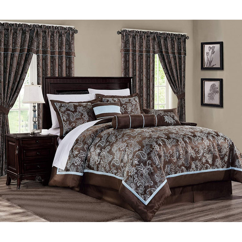 Queen Size Brown and Blue Jacquard Floral Comforter Set
