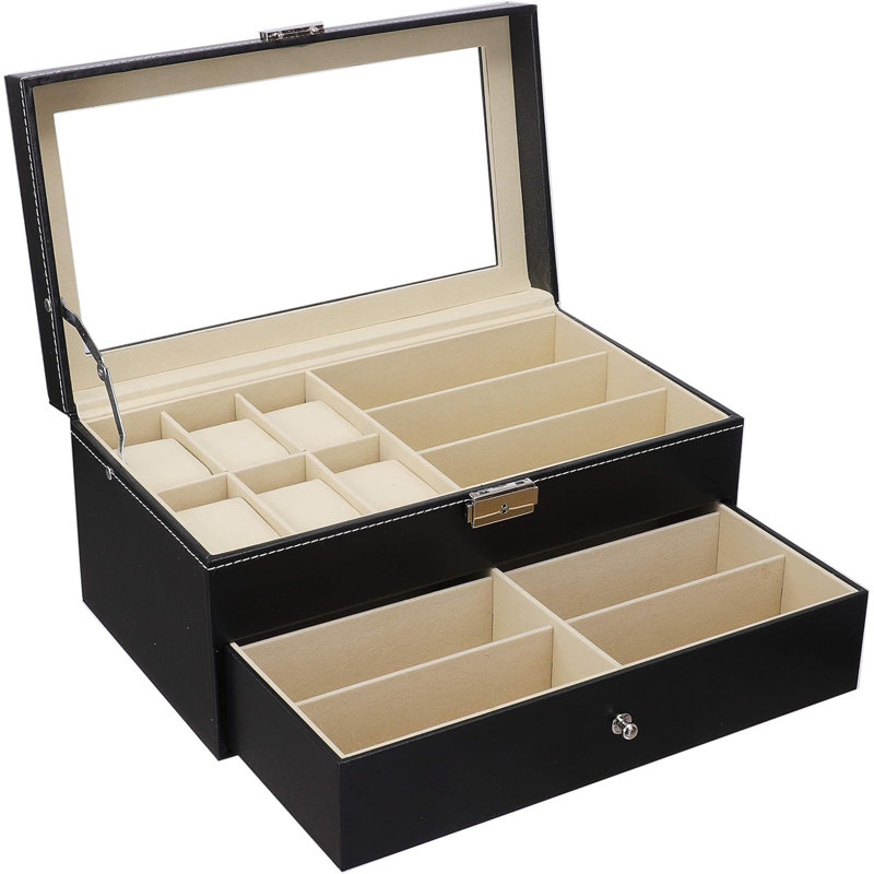 Leather Watch Box And Sunglass Glasses Case Organizer And Jewellery Display Drawer Lockable Case Organizer Black